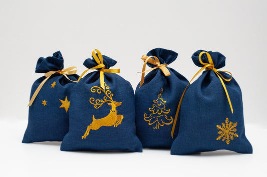 Christmas Embroidered Gift Bags navy blue color Sewing Fiesta