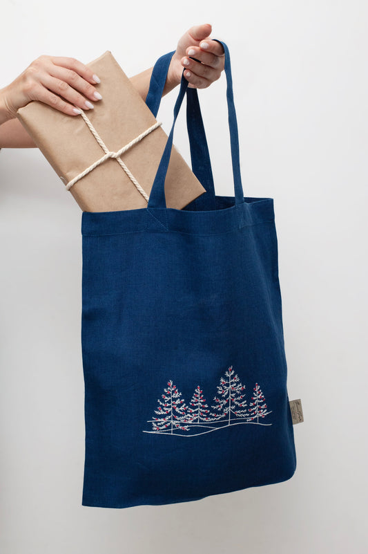 Christmas Tree Embroidered Linen Tote Bag Sewing Fiesta