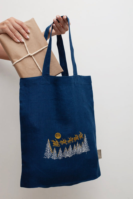 Santa Under the Moonlit Sky: Christmas Linen Tote Bag Sewing Fiesta