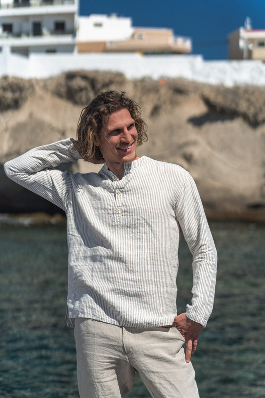 Striped Summer Style: Men's Casual Linen Shirt with Rolled-Up Long Sleeves Sewing Fiesta