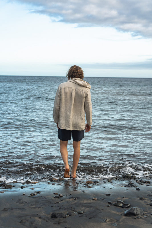 Men's Hooded Long Sleeve Small Waffle Weave Linen Shirt Sewing Fiesta