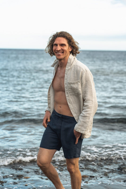 Men's Hooded Long Sleeve Small Waffle Weave Linen Shirt Sewing Fiesta