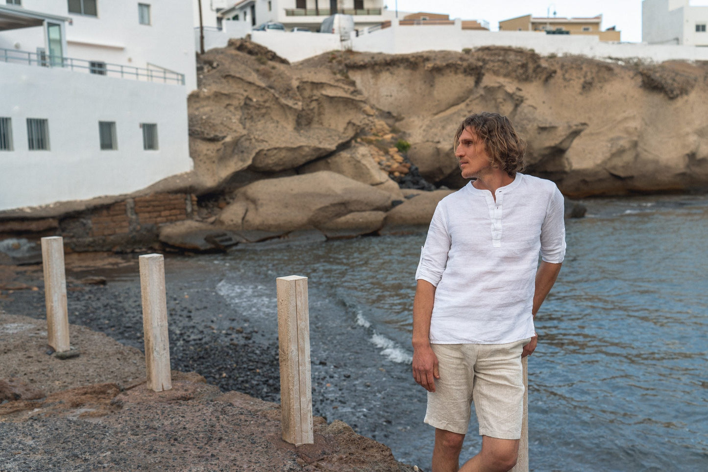 Men's White Natural Linen Bermuda Shorts with Pockets for Summer Wear Sewing Fiesta