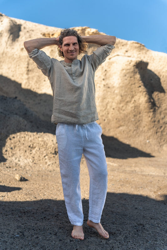 Men's Casual Linen Shirt with Rolled-Up Long Sleeves in Natural Linen Color Sewing Fiesta