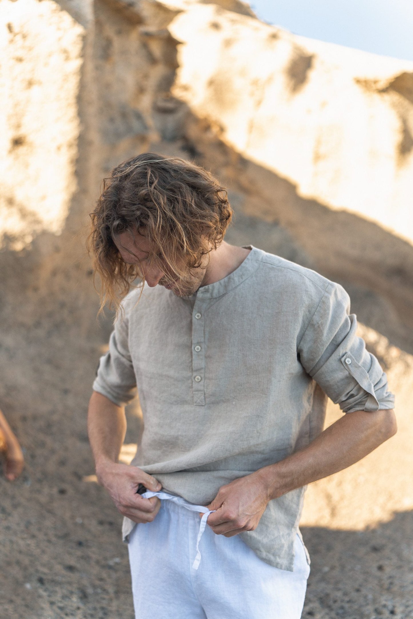 Men's Casual Linen Shirt with Rolled-Up Long Sleeves in Natural Linen Color Sewing Fiesta