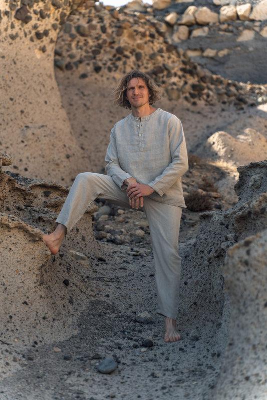 Men's Casual Linen Shirt with Rolled-Up Long Sleeves in Natural Linen Color Sewing Fiesta