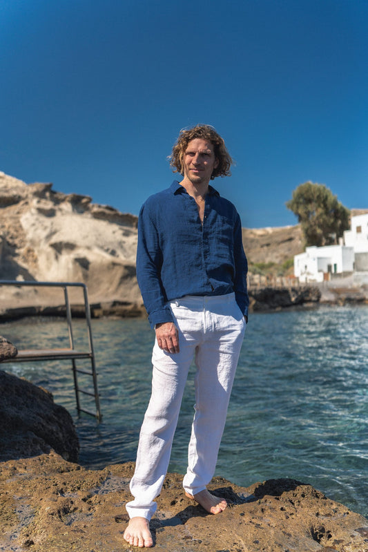 Men's White Linen Pants with Convenient Pockets Sewing Fiesta