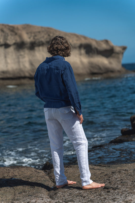 Men's White Linen Pants with Convenient Pockets Sewing Fiesta