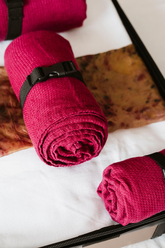 NEW! Linen Waffle Travel Towel – Raspberry Red & Berry Toned Sewing Fiesta