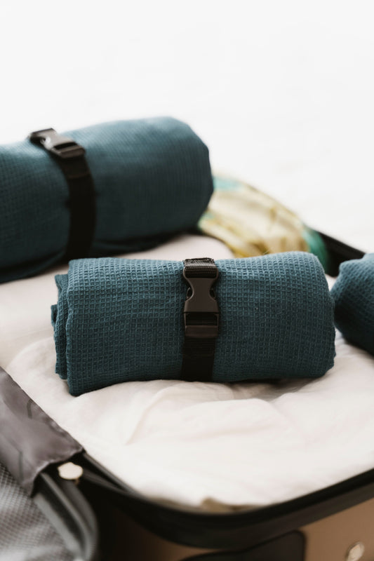 NEW COLOUR! Linen Travel Towels in Deep Ocean Green – Compact, Quick-Dry & Elegant Sewing Fiesta