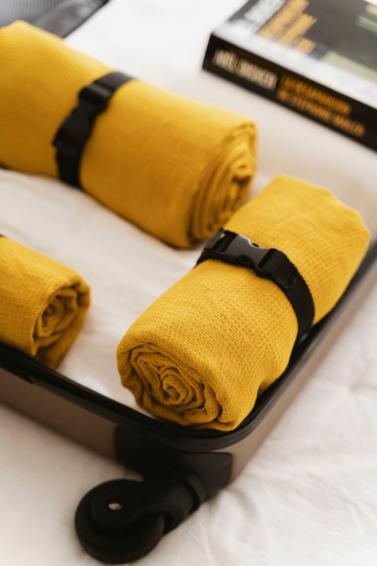 NEW COLOUR! Linen Travel Towel in Mustard Yellow – Waffle Weave, Lightweight & Quick-Drying – Eco-Friendly, Compact, and Soft – Perfect for Travel Sewing Fiesta