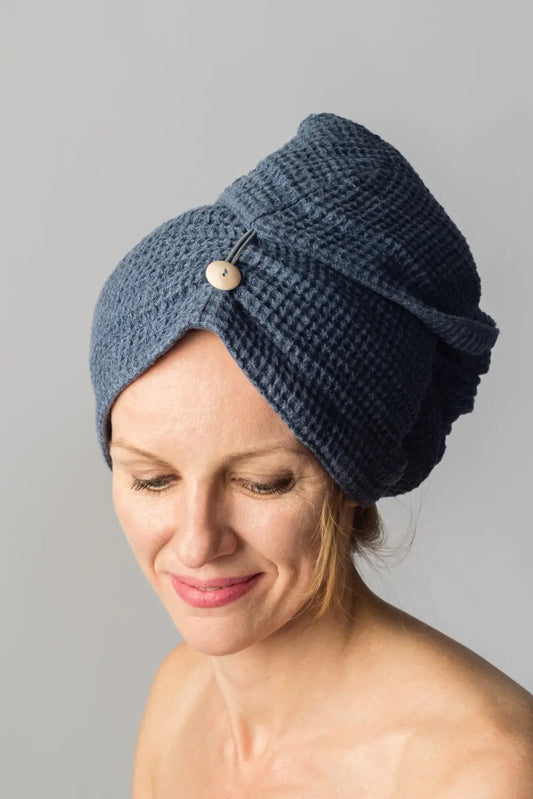 Linen Waffle Hair Towel Blue Sewing Fiesta