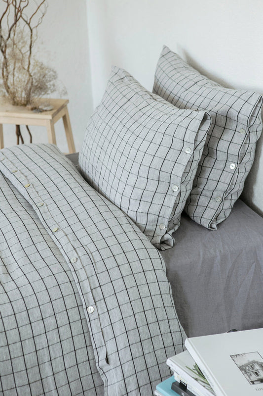 Linen pillowcase Grey / Black checks Sewing Fiesta