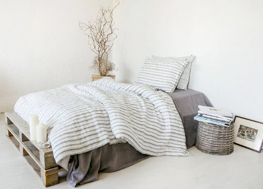 Linen duvet cover Off-White / Grey / Blue stripes Sewing Fiesta