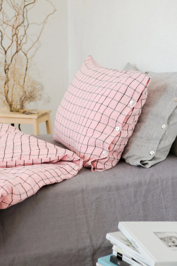 Linen pillowcase Pink / Black checks Sewing Fiesta