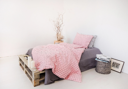 Linen pillowcase Pink / Black checks Sewing Fiesta