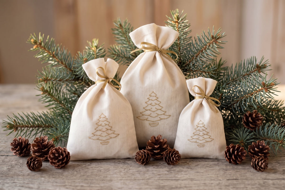 Embroidered Linen Christmas Tree Gift Bags