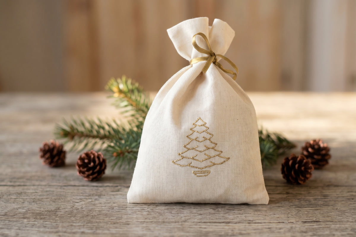 Embroidered Linen Christmas Tree Gift Bags