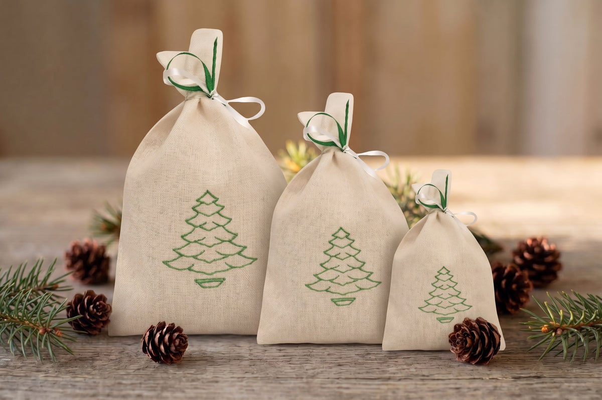 Embroidered Linen Christmas Tree Gift Bags