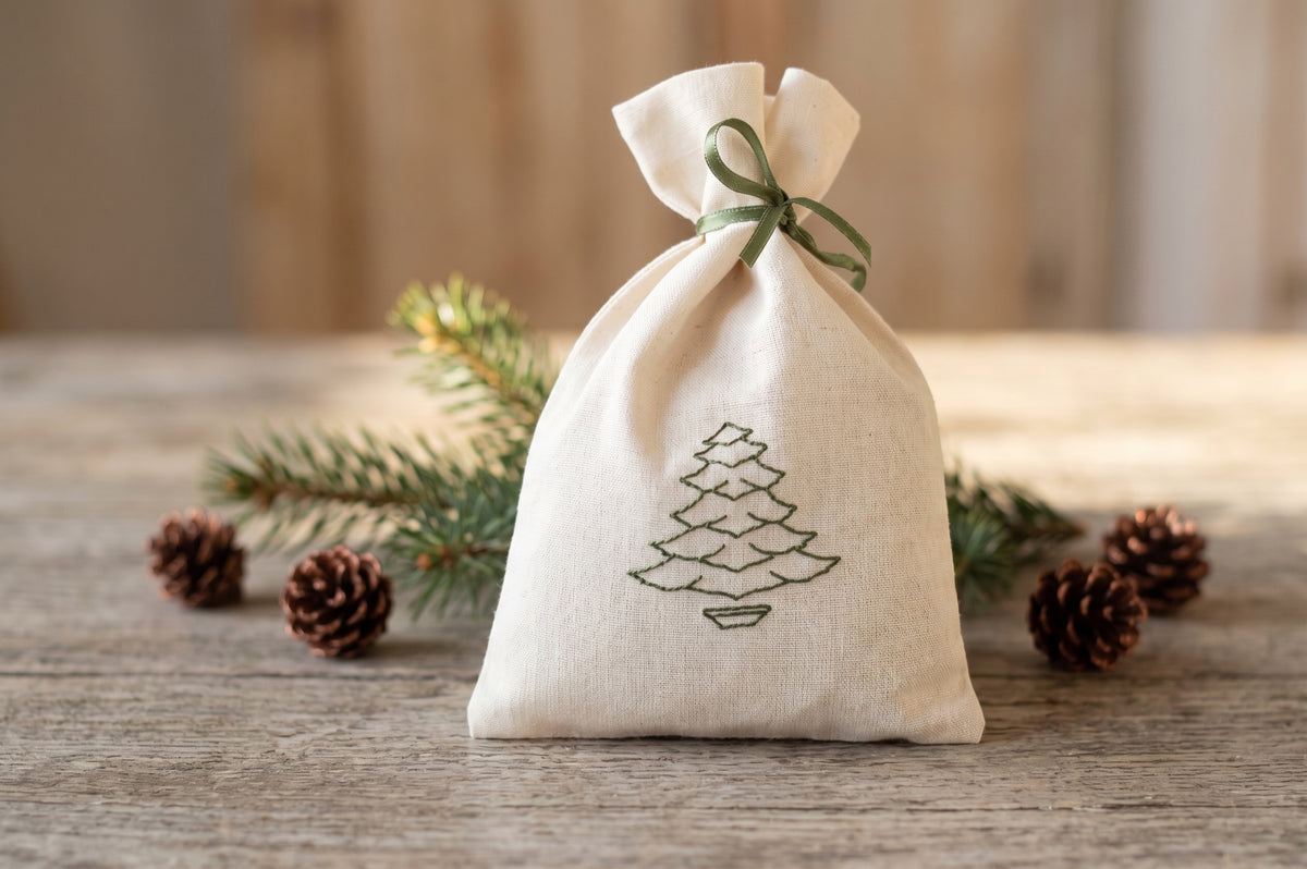 Embroidered Linen Christmas Tree Gift Bags