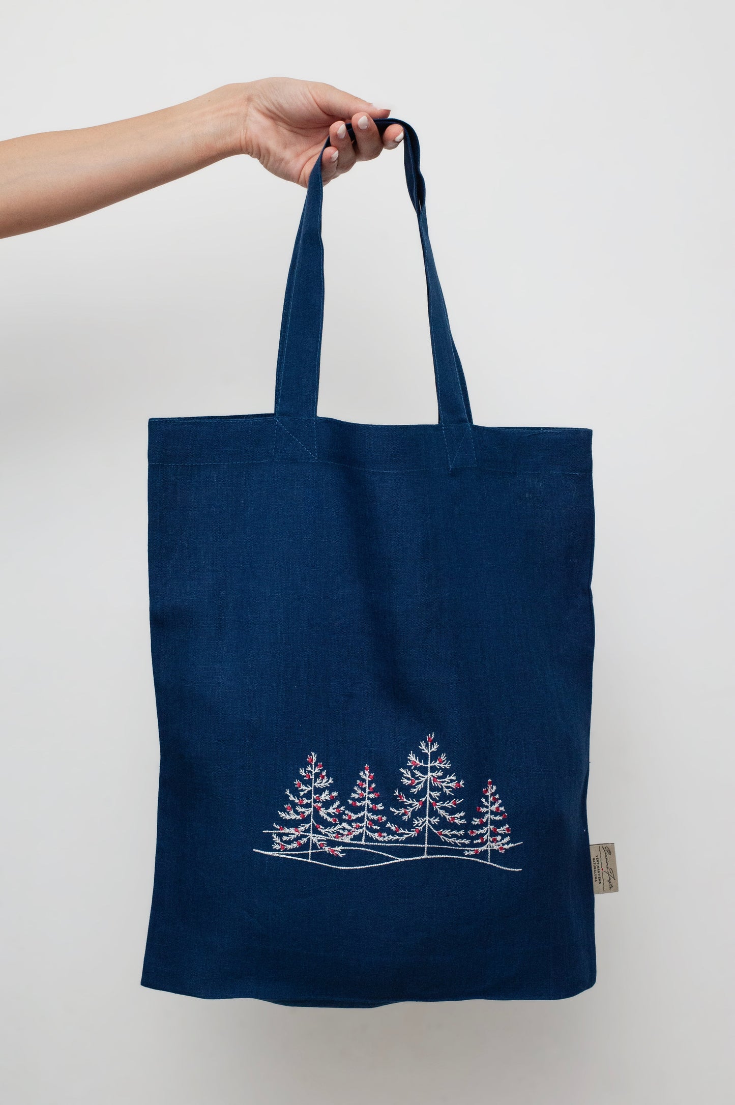 Christmas Tree Embroidered Linen Tote Bag