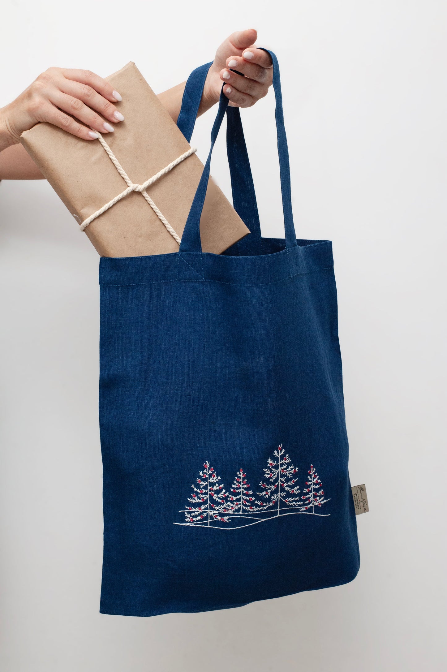 Christmas Tree Embroidered Linen Tote Bag