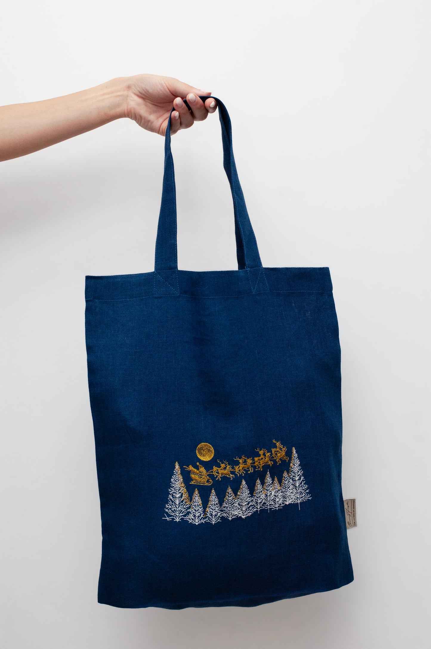 Christmas Tree Embroidered Linen Tote Bag