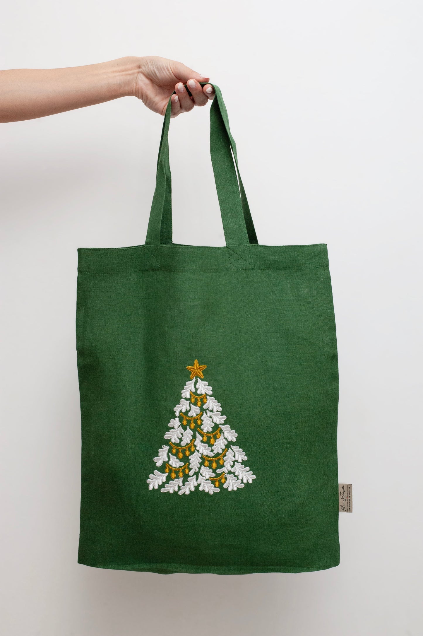 Christmas Tree Embroidered Linen Tote Bag