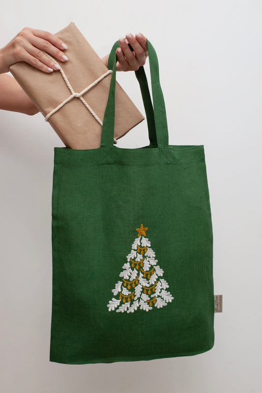 Glistening Christmas Tree: Embroidered Linen Tote Bag for the Holidays