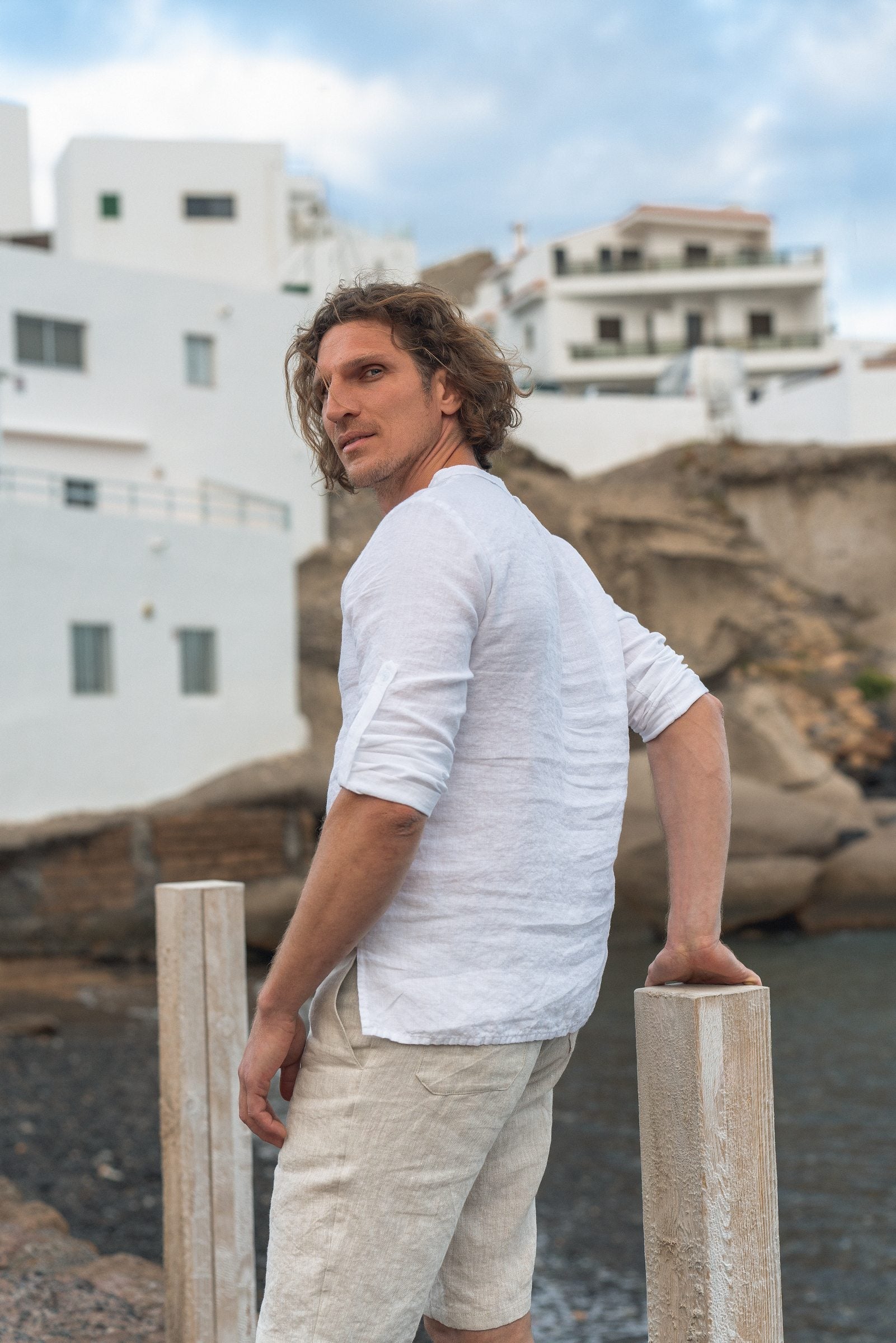Men's White Natural Linen Bermuda Shorts with Pockets for Summer Wear Sewing Fiesta