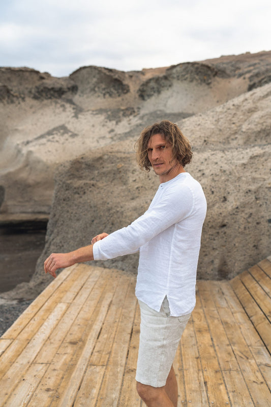 Men's White / Natural Melange Linen Bermuda Shorts with Pockets for Summer Wear Sewing Fiesta
