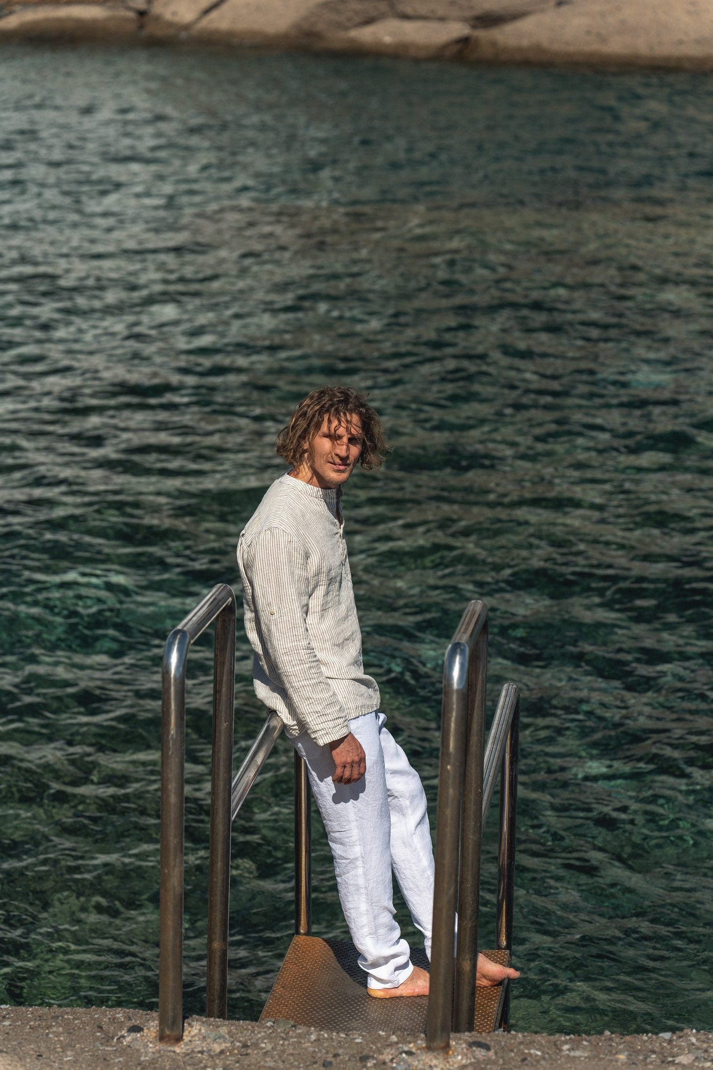 Striped Summer Style: Men's Casual Linen Shirt with Rolled-Up Long Sleeves Sewing Fiesta