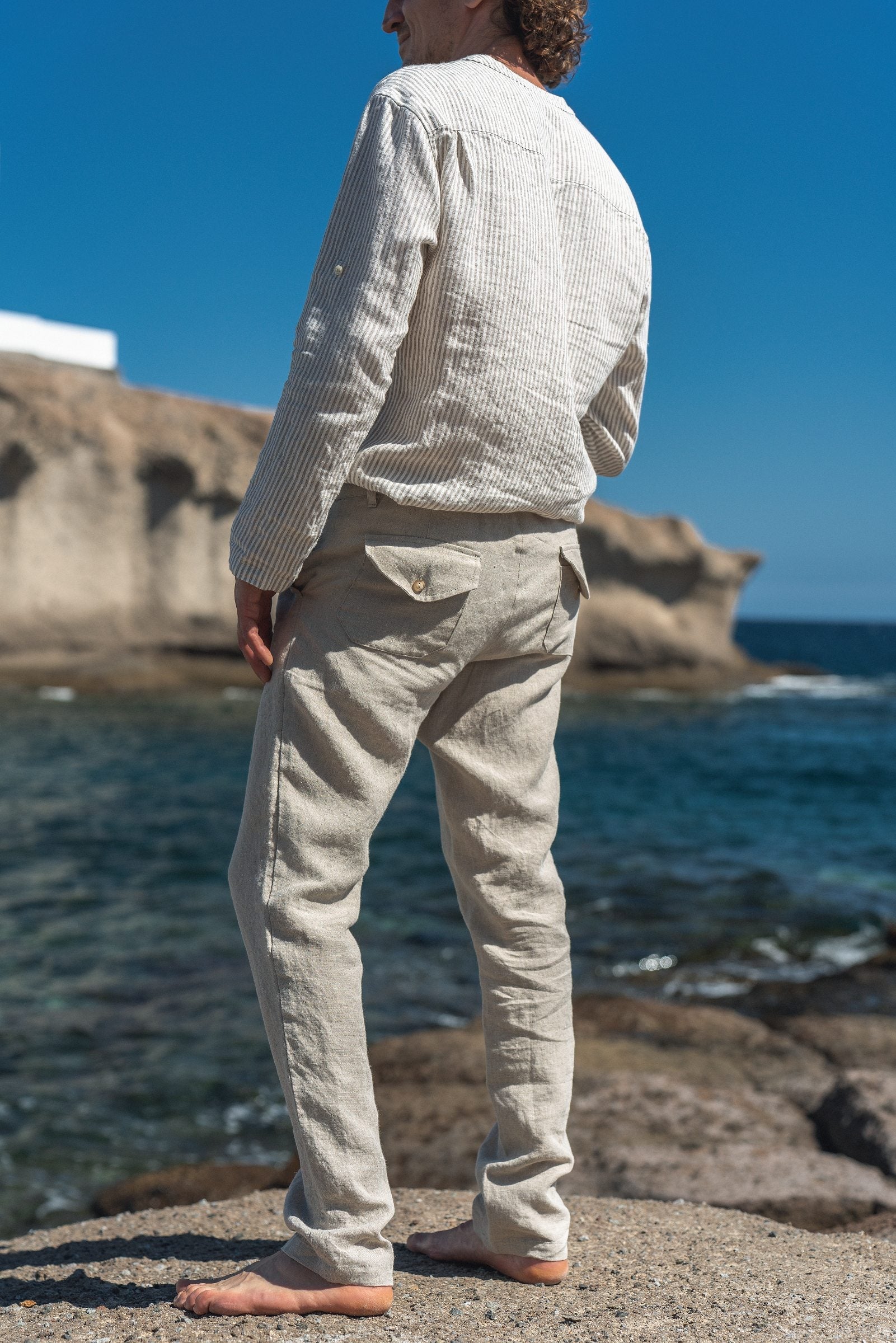 Striped Summer Style: Men's Casual Linen Shirt with Rolled-Up Long Sleeves Sewing Fiesta