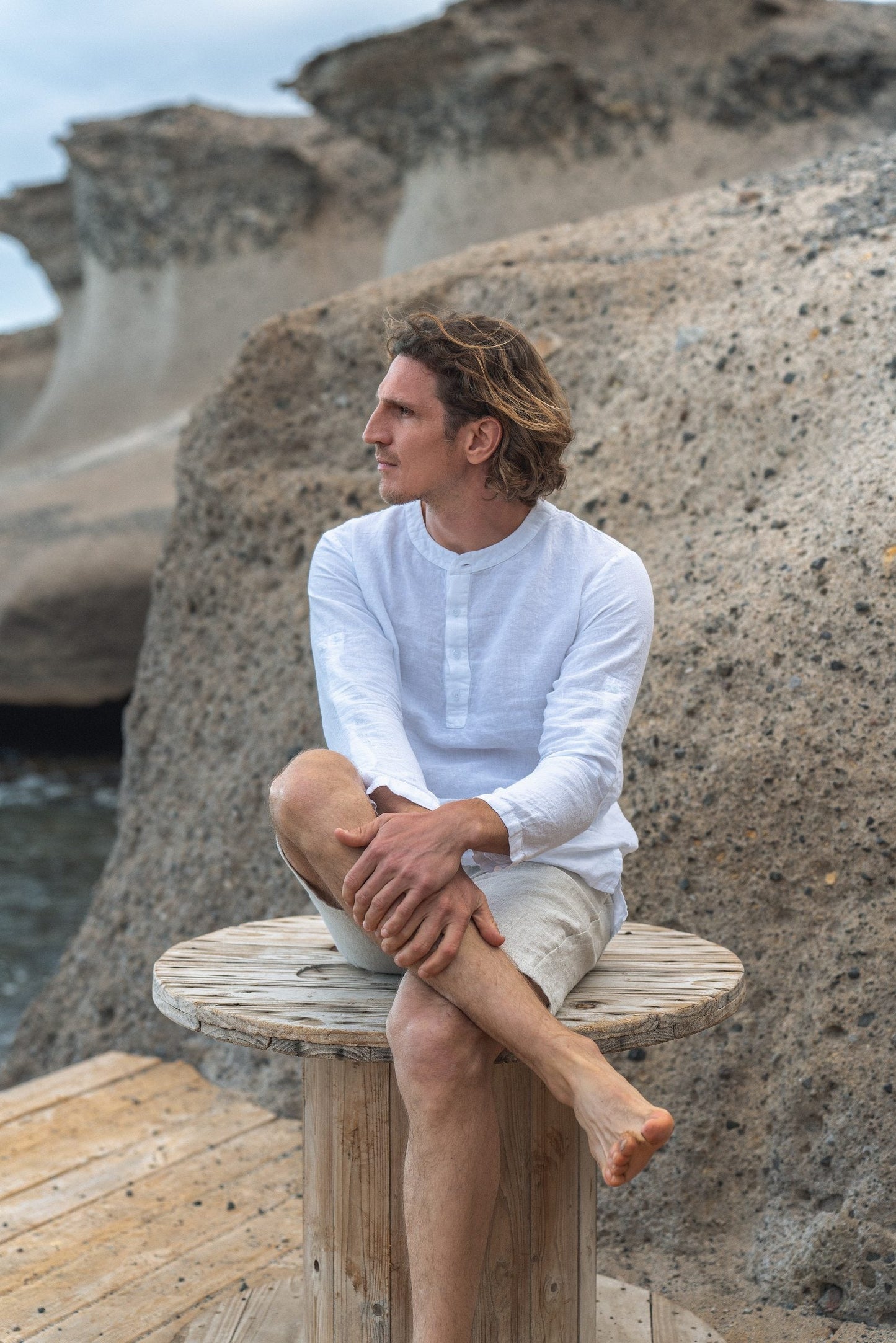 Men's Casual Linen Shirt with Rolled-Up Long Sleeves - Available in Multiple Colors Sewing Fiesta