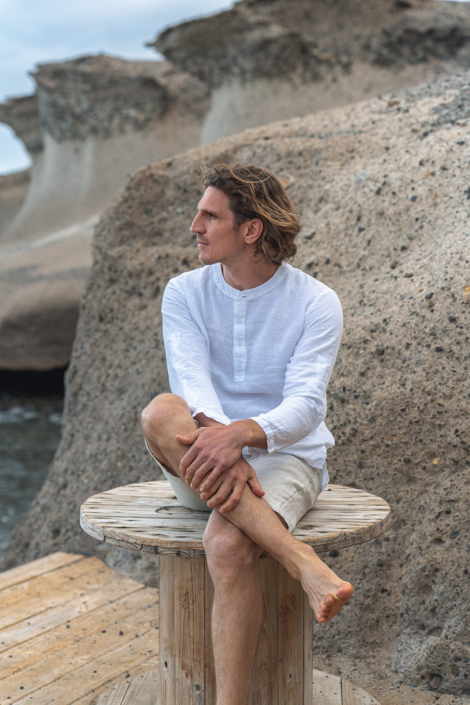 Men's Casual Linen Shirt with Rolled-Up Long Sleeves - Available in Multiple Colors Sewing Fiesta