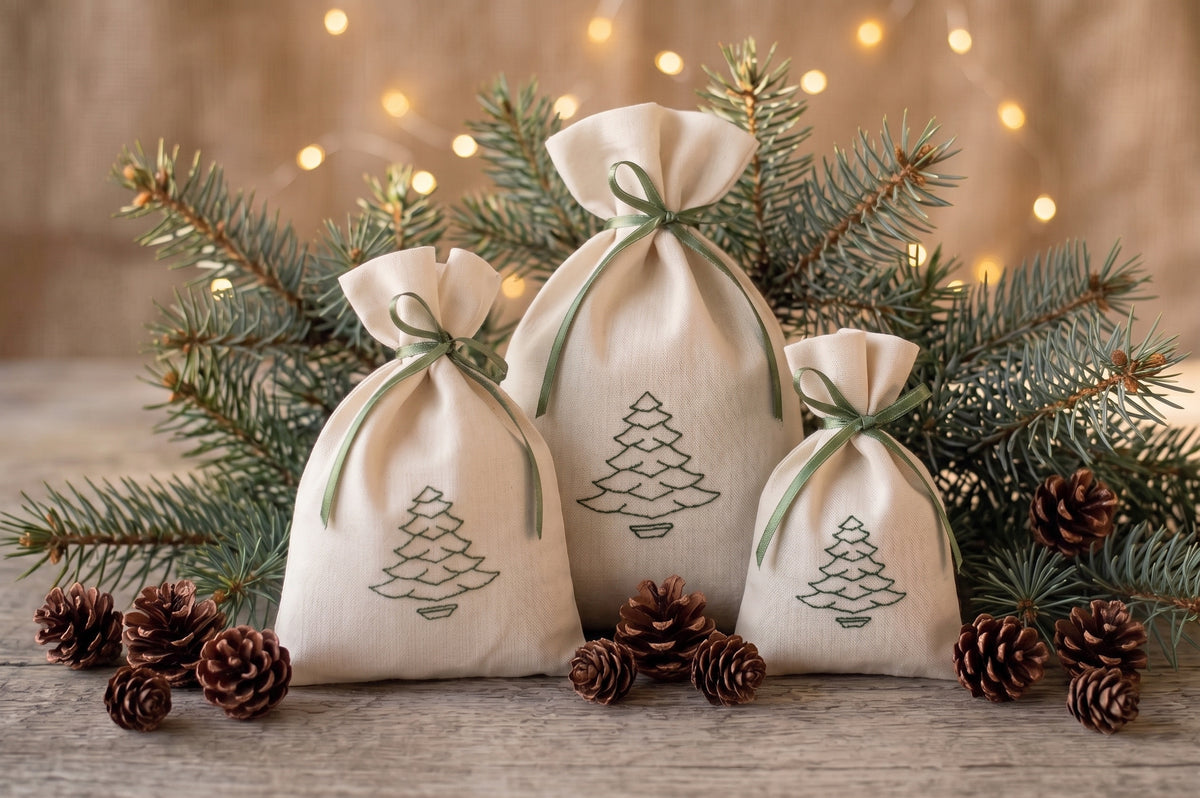 Embroidered Linen Christmas Tree Gift Bags