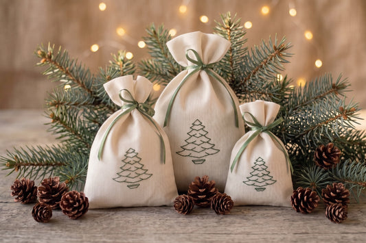 Embroidered Linen Christmas Tree Gift Bags
