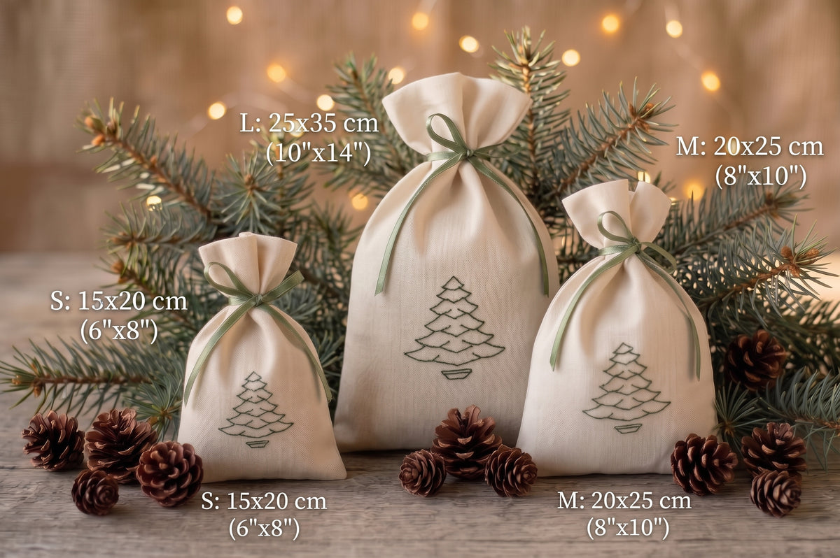 Embroidered Linen Christmas Tree Gift Bags