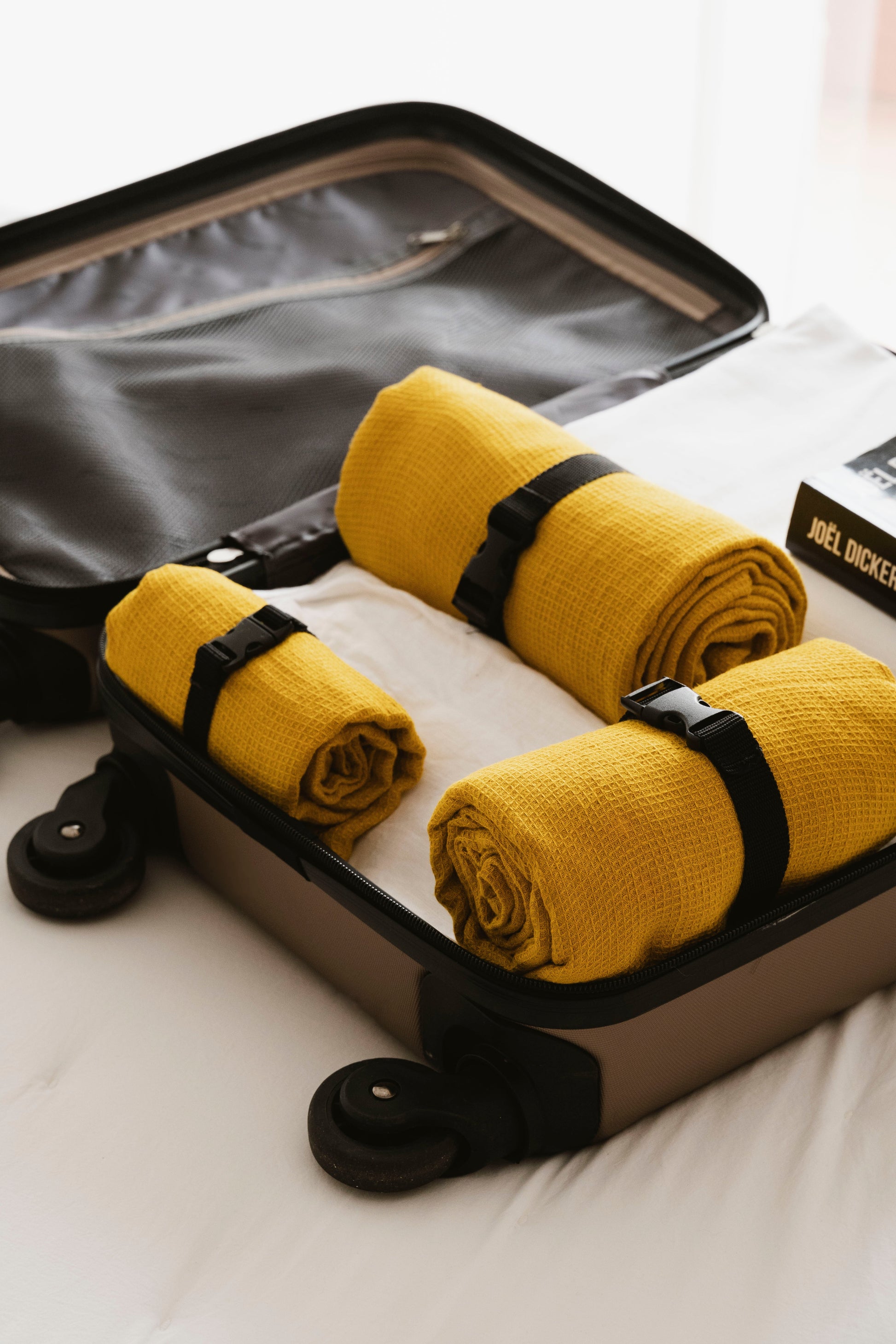 NEW COLOUR! Linen Travel Towel in Mustard Yellow – Waffle Weave, Lightweight & Quick-Drying – Eco-Friendly, Compact, and Soft – Perfect for Travel Sewing Fiesta
