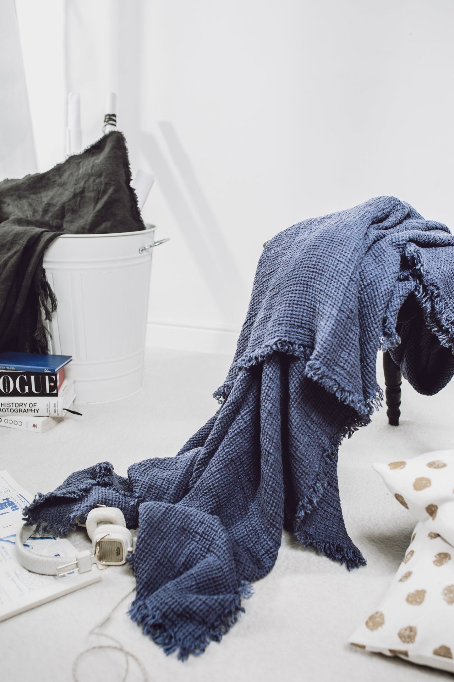 Linen Waffle Blanket Blue