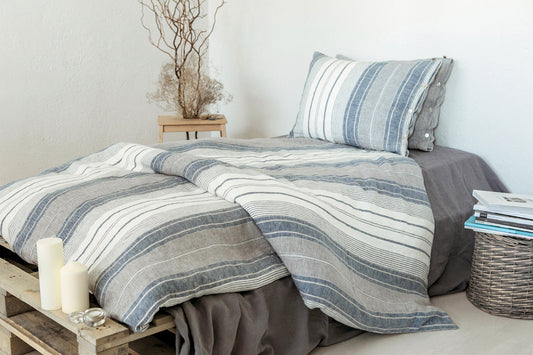 Linen duvet cover Off-White / Grey / Blue stripes
