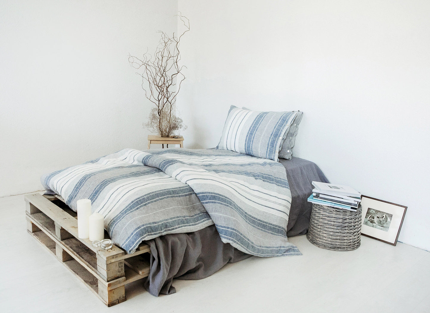 Linen duvet cover Off-White / Grey / Blue stripes