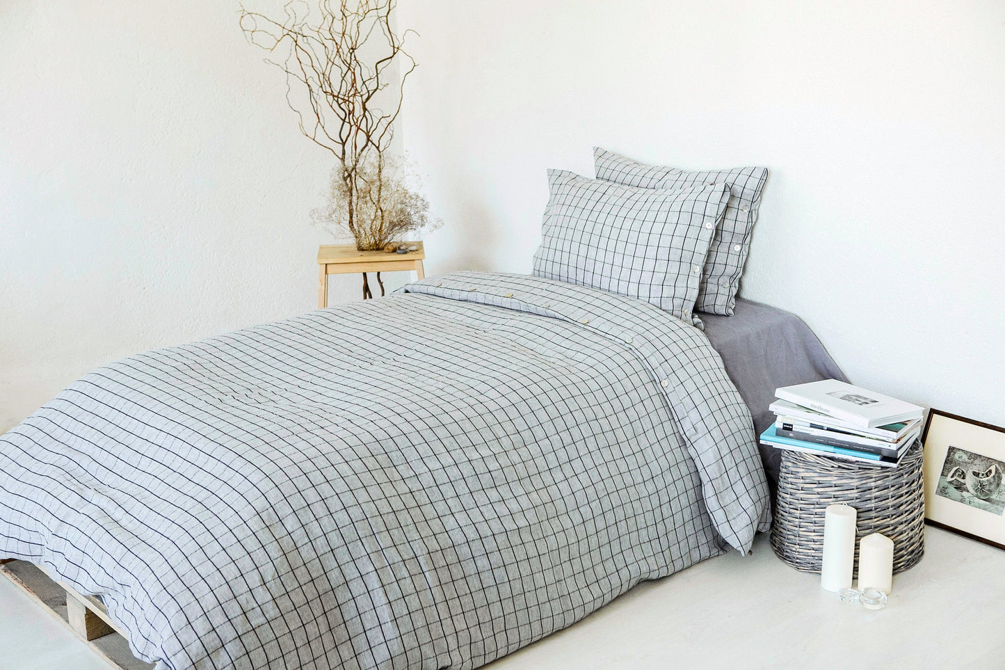 Linen duvet cover Grey / Black checks