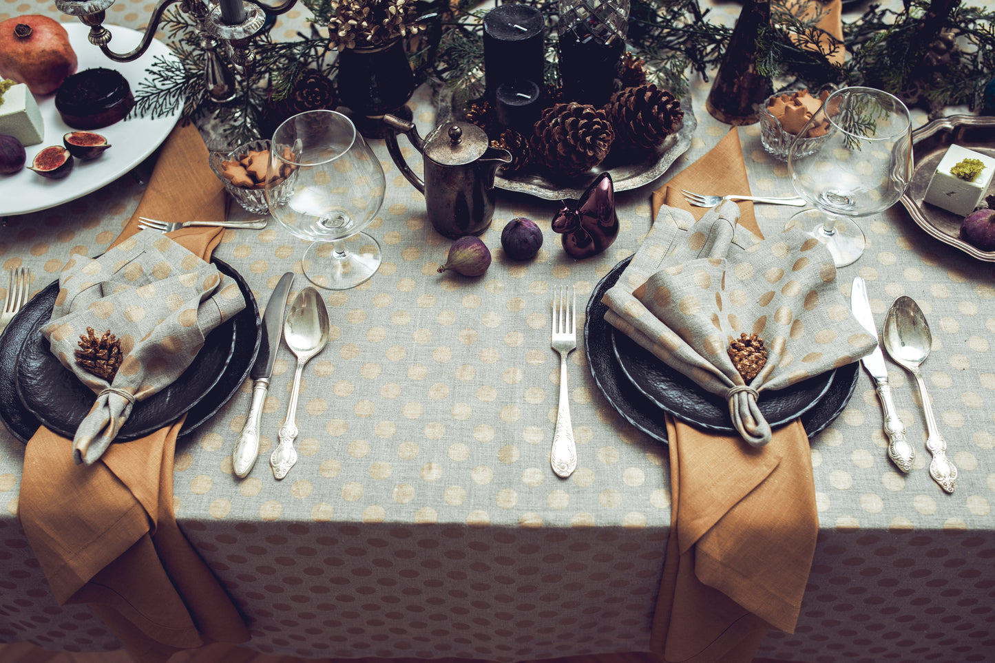 Linen table set for Christmas