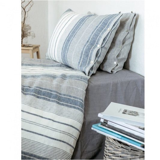Linen pillowcase Off - White / Blue / Grey striped